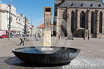 Plzen, Czech Republic, 13/05/2019 fountains in the square of the Cathedral of St. Bartholomew Editorial Stock Photo