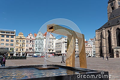 Plzen, Czech Republic, 13/05/2019 fountains in the square of the Cathedral of St. Bartholomew Editorial Stock Photo