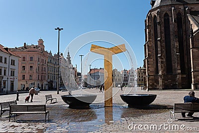 Plzen, Czech Republic, 13/05/2019 fountains in the square of the Cathedral of St. Bartholomew Editorial Stock Photo