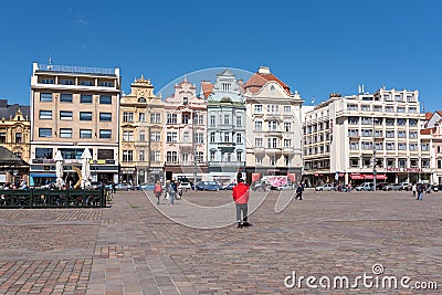 Plzen, Czech Republic, 13/05/2019 Historic residential buildings in the Cathedral Square of St. Bartholomew Editorial Stock Photo