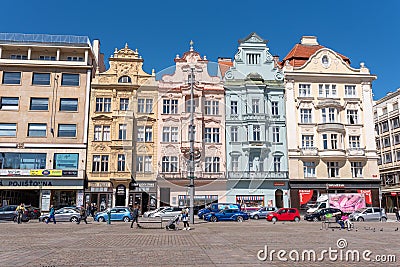 Plzen, Czech Republic, 13/05/2019 Historic residential buildings in the Cathedral Square of St. Bartholomew Editorial Stock Photo