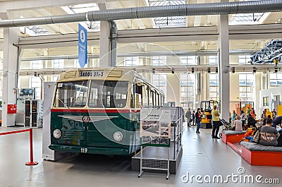 Plzen, Czech Republic - Oct 28, 2019: Interior exhibition in the Techmania Science Center. Old trolleybus as one of the exhibits. Editorial Stock Photo