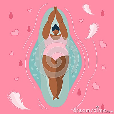 Body positive young girls lies on Hygienic Menstrual Pads. Vector illustrations menstrual period cycle, PMS and blood is Vector Illustration