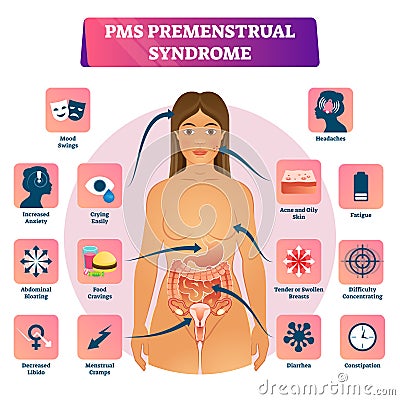 PMS or Premenstrual Syndrome vector illustration educational symptom scheme Vector Illustration