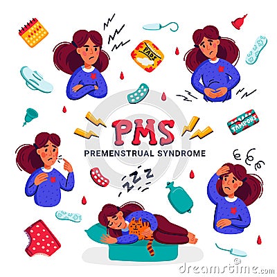 PMS. Set of woman suffering from premenstrual syndrome. Various symptoms of menstrual cycle and related products such as Vector Illustration