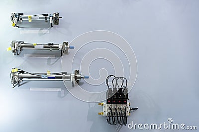 Pneumatic equipment e.g. air cylinder and manifolds solenoid valve for automatic machine system or automation manufacturing Stock Photo