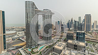 Pnorama showing futuristic Dubai Downtown and finansial district skyline aerial timelapse. Editorial Stock Photo