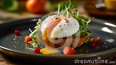 poached egg with leaking yolk, protein healthy food, egg benedict Stock Photo