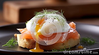 poached egg with leaking yolk, protein healthy food, egg benedict Stock Photo