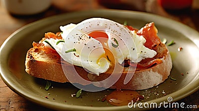 poached egg with leaking yolk, protein healthy food, egg benedict Stock Photo