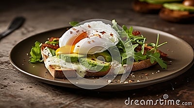 poached egg with leaking yolk, protein healthy food, egg benedict Stock Photo