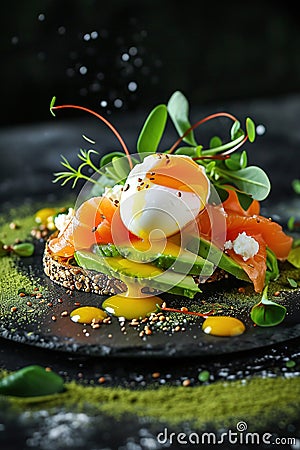 Poached egg and salmon on an avocado salad., AI Generated Stock Photo