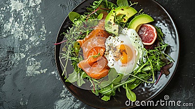 Poached egg and salmon on an avocado salad., AI Generated Stock Photo