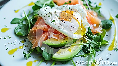 Poached egg and salmon on an avocado salad., AI Generated Stock Photo