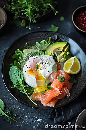 Poached egg and salmon on an avocado salad., AI Generated Stock Photo