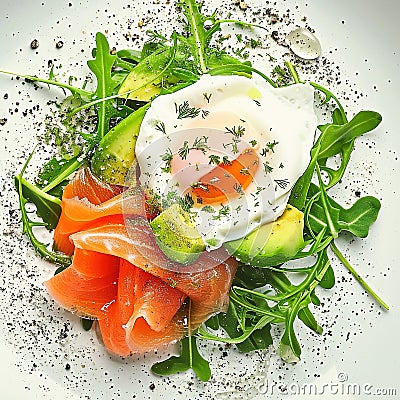 Poached egg and salmon on an avocado salad., AI Generated Stock Photo