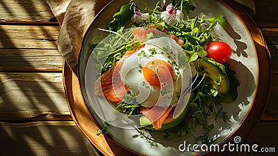 Poached egg and salmon on an avocado salad., AI Generated Stock Photo