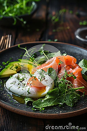 Poached egg and salmon on an avocado salad., AI Generated Stock Photo