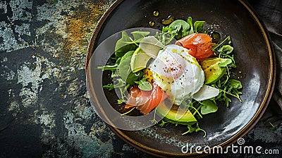 Poached egg and salmon on an avocado salad., AI Generated Stock Photo