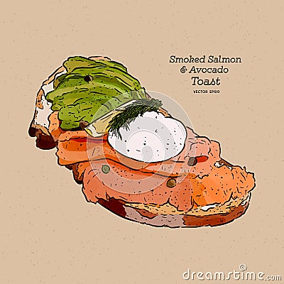 Poached egg on toast, with smoked salmon and avocado, hand draw sketch vector Vector Illustration