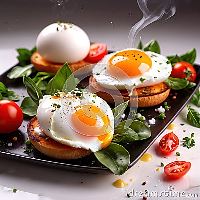 Poached eggs with whole yolk, classic breakfast meal Stock Photo