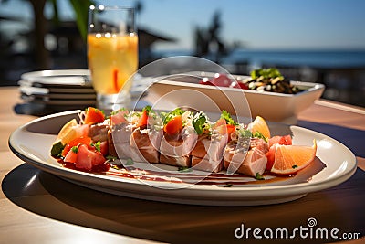 Poached Tuna tasty seafood served at restaurant Generative AI Stock Photo