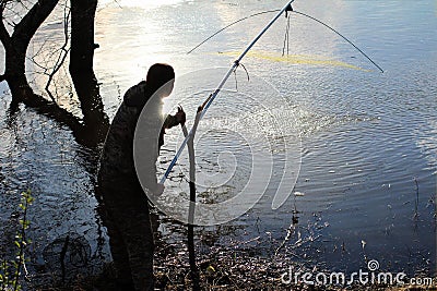 Poacher fishing net in spawning season Stock Photo