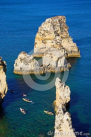 Kayaks in the bay, Ponta da Piedade. Editorial Stock Photo