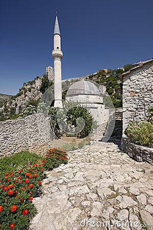 Pocitelj village, with mosque and fort Stock Photo