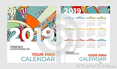 2019 pocket calendar abstract contemporary art vector set. Desk, screen, desktop months 2019, colorful 2019 calendar template Vector Illustration