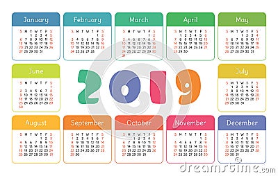 Pocket calendar 2019. Basic simple template. Week starts on Sunday. Colorful funny, kid`s card Vector Illustration