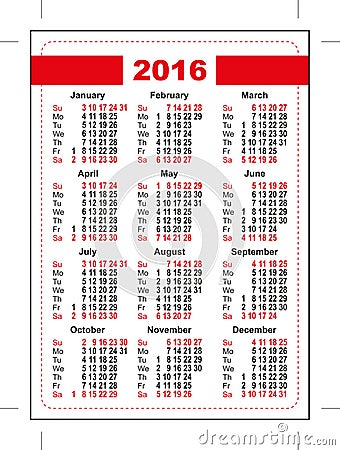 2016 pocket calendar. First day Sunday. Vertical orientation days of week Vector Illustration