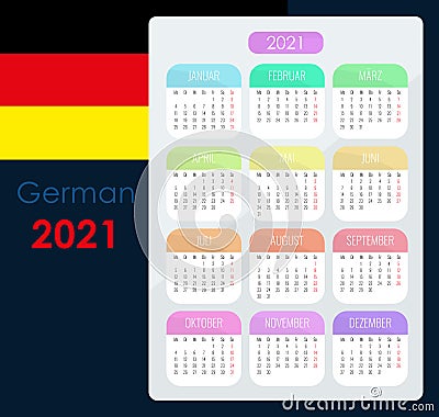 Pocket calendar for 2021. Mini calendar template. German, starts monday. Vector Illustration