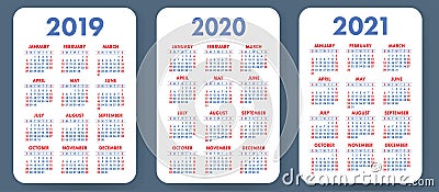 Pocket calendar 2019, 2020, 2021 set. Basic simple template. Wee Vector Illustration