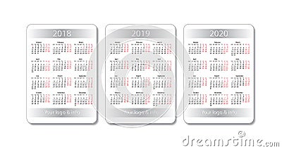 Vector pocket calendar set. 2018, 2019 and 2020 years. White design template. Vector Illustration