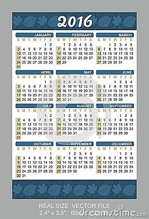 Pocket Calendar 2016, start on Sunday Vector Illustration