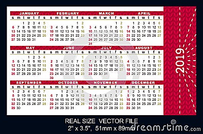 Pocket calendar 2019, start on Sunday, vector Vector Illustration