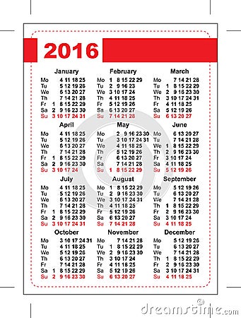 2016 pocket calendar. Template grid. Vertical orientation of days of week Vector Illustration