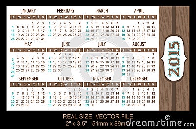 Pocket Calendar 2015, vector, start on Sunday Vector Illustration