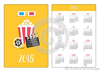 Pocket calendar 2018 year. Week starts Sunday. 3D paper red blue glasses. Open clapper board Movie reel Popcorn Cinema Movie icon Vector Illustration