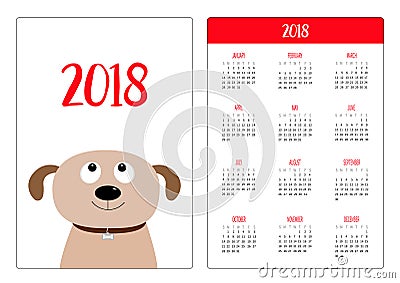 Pocket calendar 2018 year. Week starts Sunday. Dog face. Vector Illustration