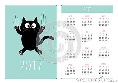 Pocket calendar 2017 year. Week starts Sunday. Flat design Vertical orientation Template. Cartoon black cat claw scratch glass. Cu Vector Illustration