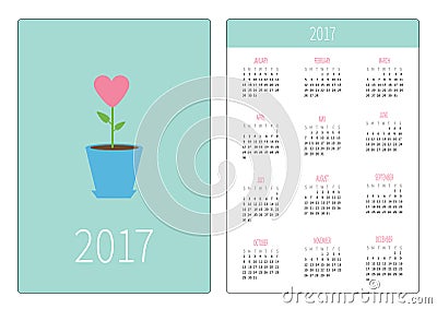 Pocket calendar 2017 year. Week starts Sunday. Flat design Vertical orientation Template. Heart flower in pot. Love card. Vector Illustration