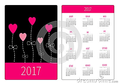 Pocket calendar 2017 year. Week starts Sunday. Flat design Vertical orientation Template. Love card. Black and pink Heart Vector Illustration