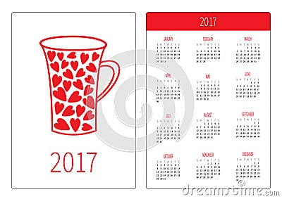 Pocket calendar 2017 year. Week starts Sunday. Flat design Vertical orientation Template. Red heart teacup. Love card. Vector Illustration