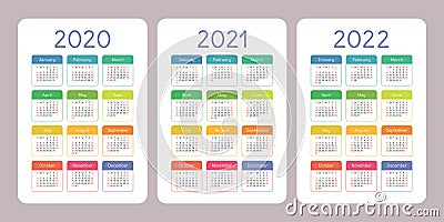 Calendar 2020, 2021, 2022 years. Vertical vector calender design template. Colorful set. Week starts on Sunday Vector Illustration