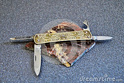 Pocket folding antique knife manicure set gemstone Stock Photo