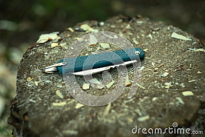 Pocket, folding knife blue color lies on a wooden piece of wood in the shavings.. Stock Photo