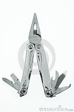 Pocket knife or Steel multi-function tools isolated on white background. Hand tools in industry jobs Stock Photo