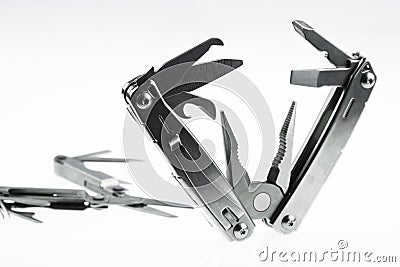 Pocket knife or Steel multi-function tools isolated on white background. Hand tools in industry jobs Stock Photo